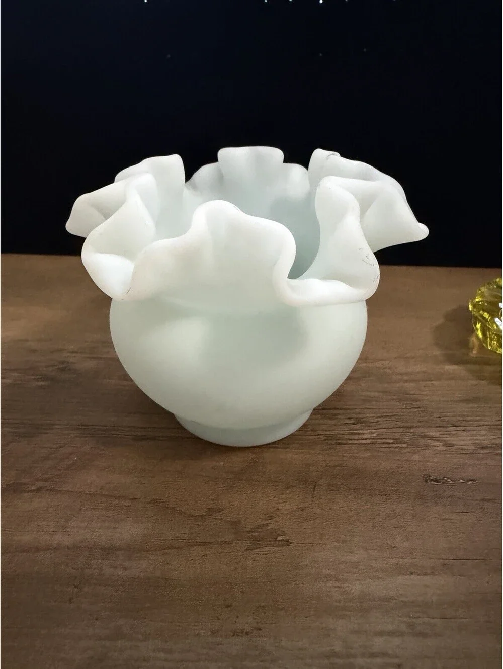 VINTAGE FENTON Satin Milk Glass Ruffle Vase 4”